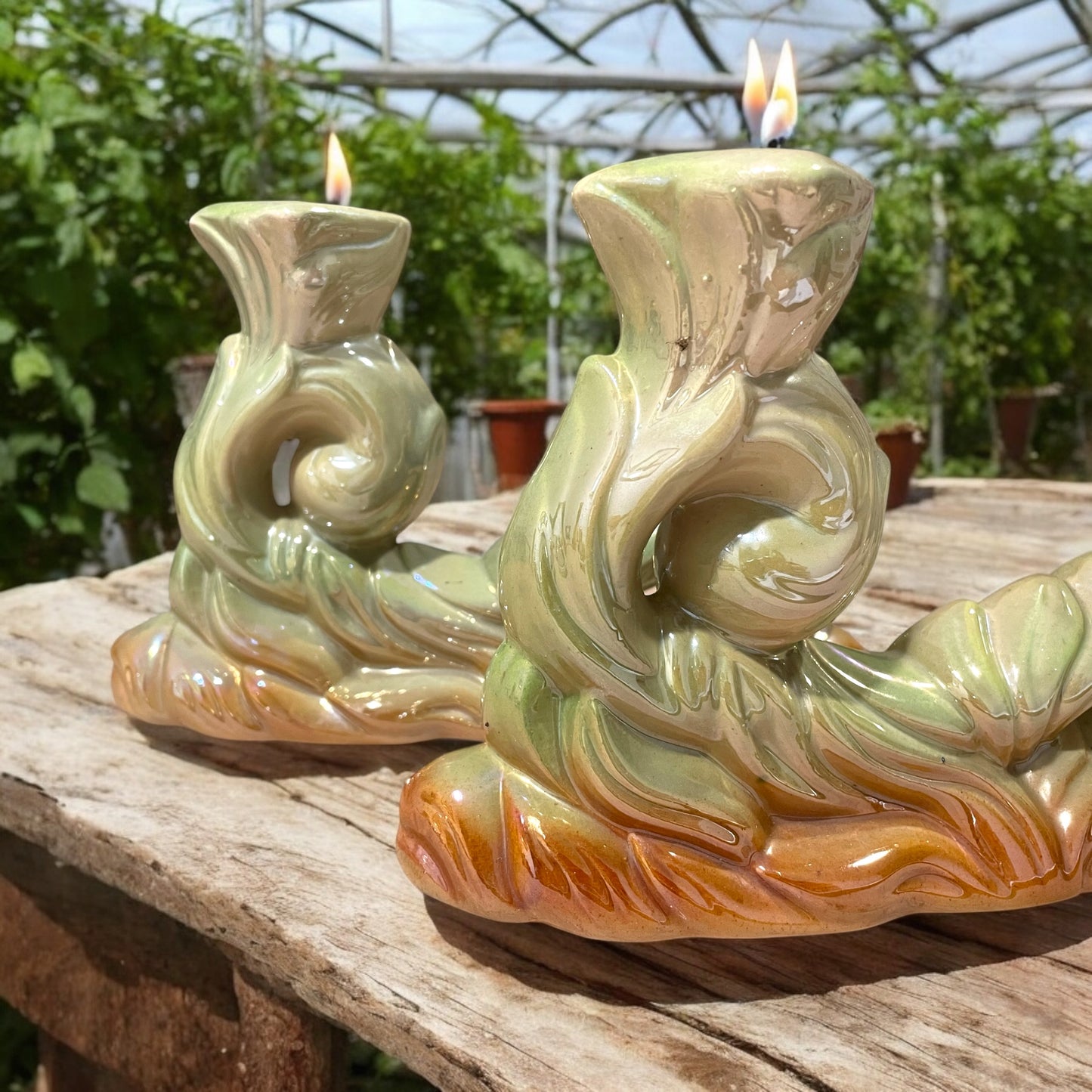 Coppia candelabri Art Nouveau anni ‘30 ceramica iridescente