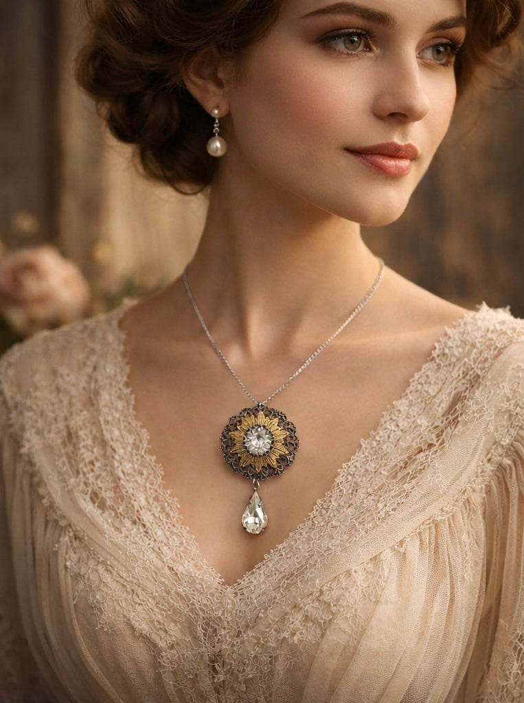 Spilla-pendente in filigrana a raggiera con cabochon brillante e goccia, primo ‘900