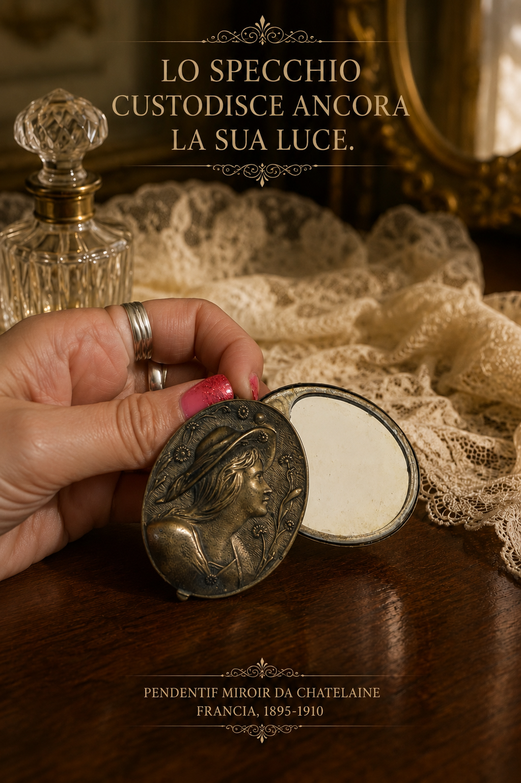 Pendentif miroir da châtelaine fine ‘800 primo ‘900 liberty con ritratto di donna