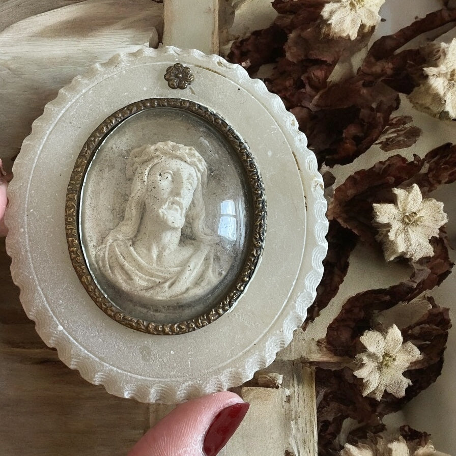 Antico medaglione da parete, Christus Patiens dietro vetro bombato, fine ‘800 - primo ‘900