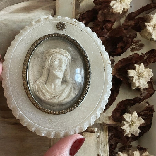 Antico medaglione da parete, Christus Patiens dietro vetro bombato, fine ‘800 - primo ‘900