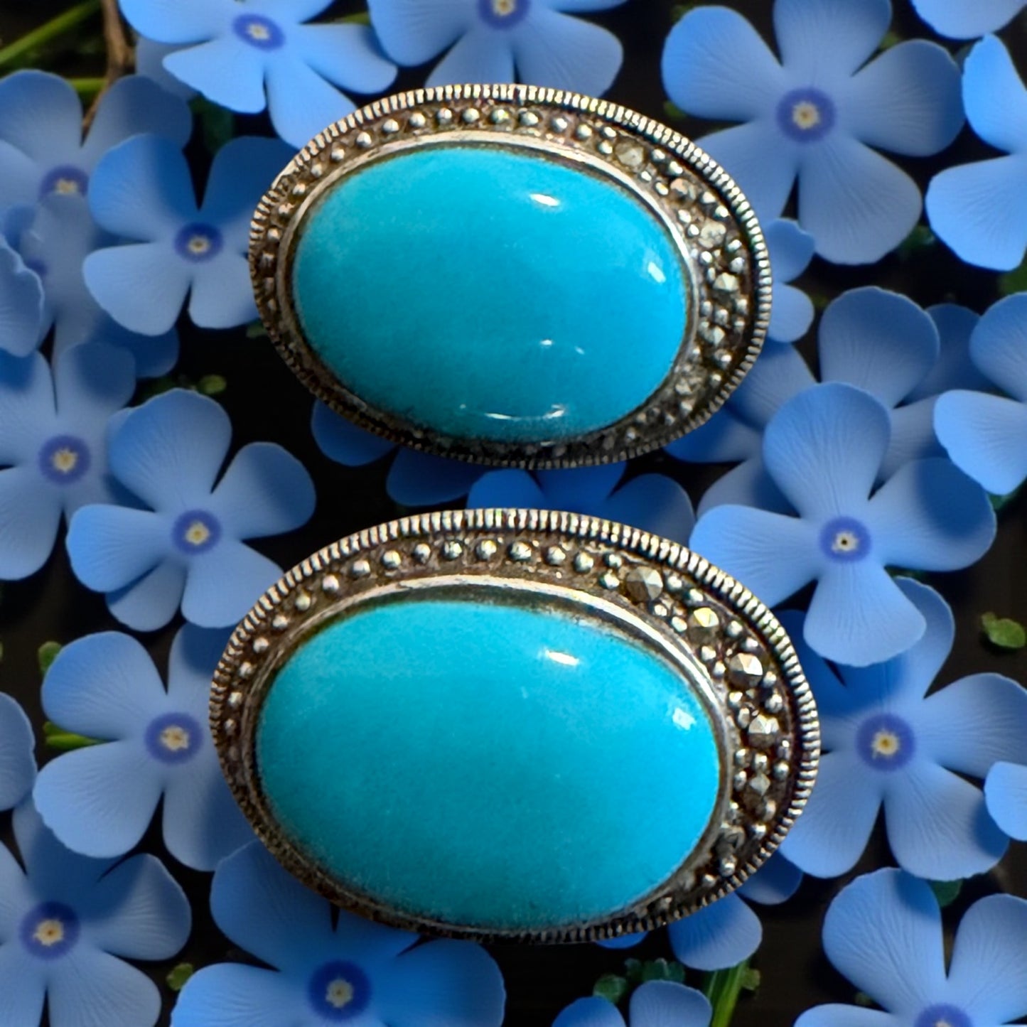 Orecchini in argento, turchese e marcasiti anni ‘60