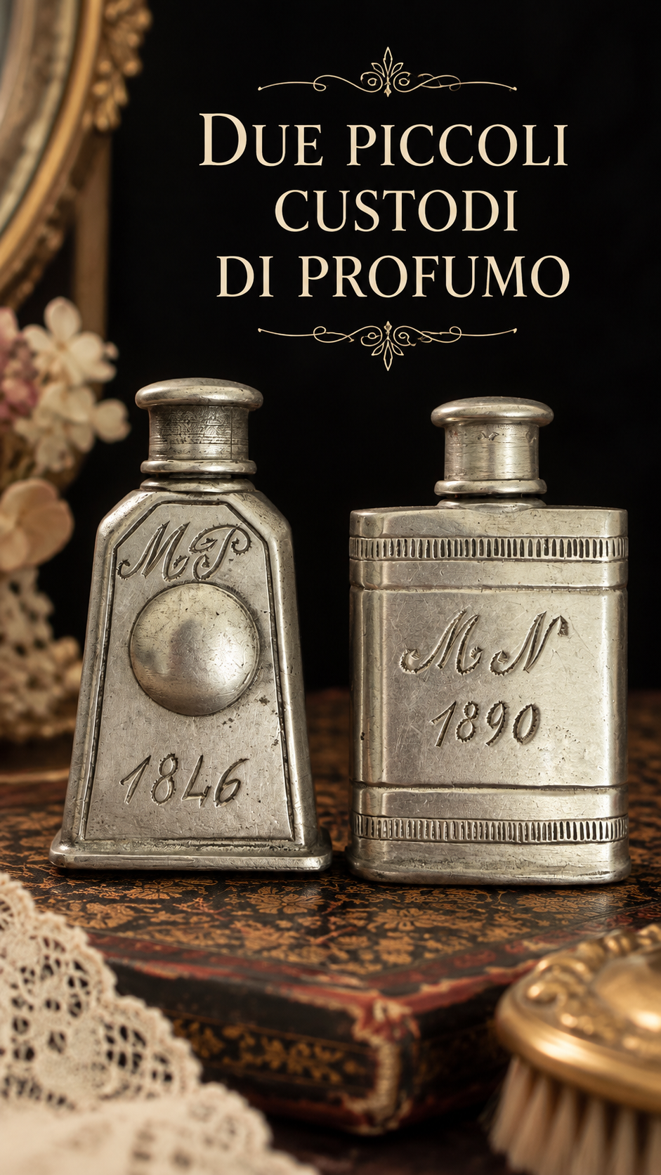 Coppia porta profumo da tasca e borsetta in lega di étain
