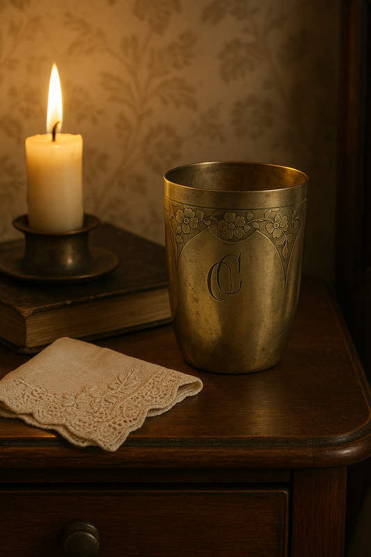 Antico bicchiere da camera argentato con monogramma CC, belle époque