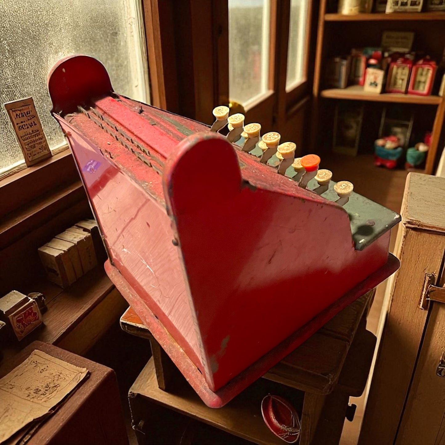 Antico registratore di cassa giocattolo metallo vintage, funzionante, anni ‘50