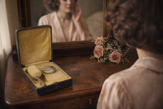 Set completo da toeletta anni ‘30, argento & placcato argento, in custodia d’epoca