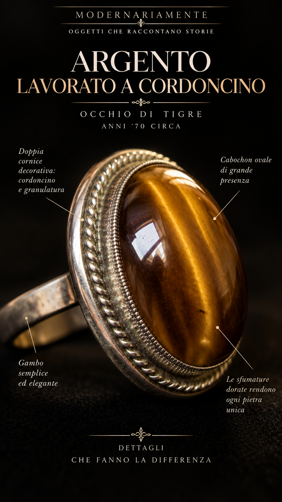 Anello argento con importante cabochon in occhio di tigre 70s e bella chatoyance