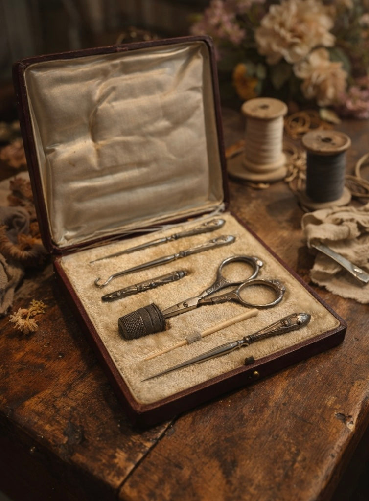 Antico set completo da cucito in custodia, placcato argento, liberty - tardo vittoriano