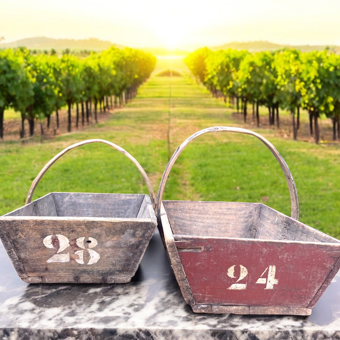 Coppia antichi panieri cesti da vendemmia stampigliati