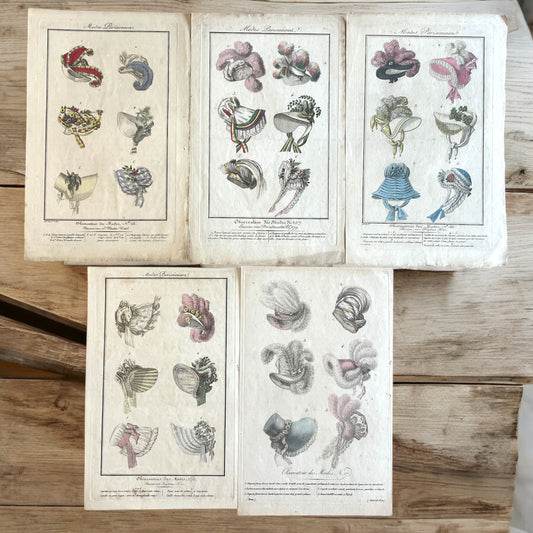 Lotto stampe 1819 acquerellate a mano, cappelli francesi, Observateur des Modes