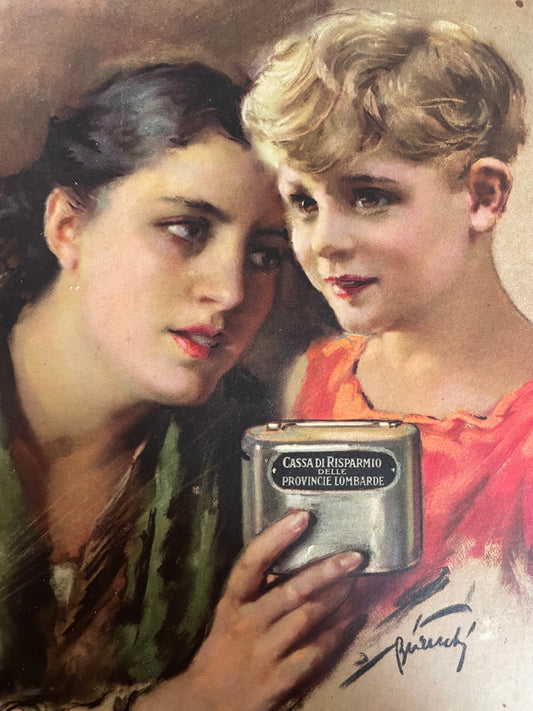 Grande cartonato pubblicitario, anni 30, cassa di risparmio lombarda