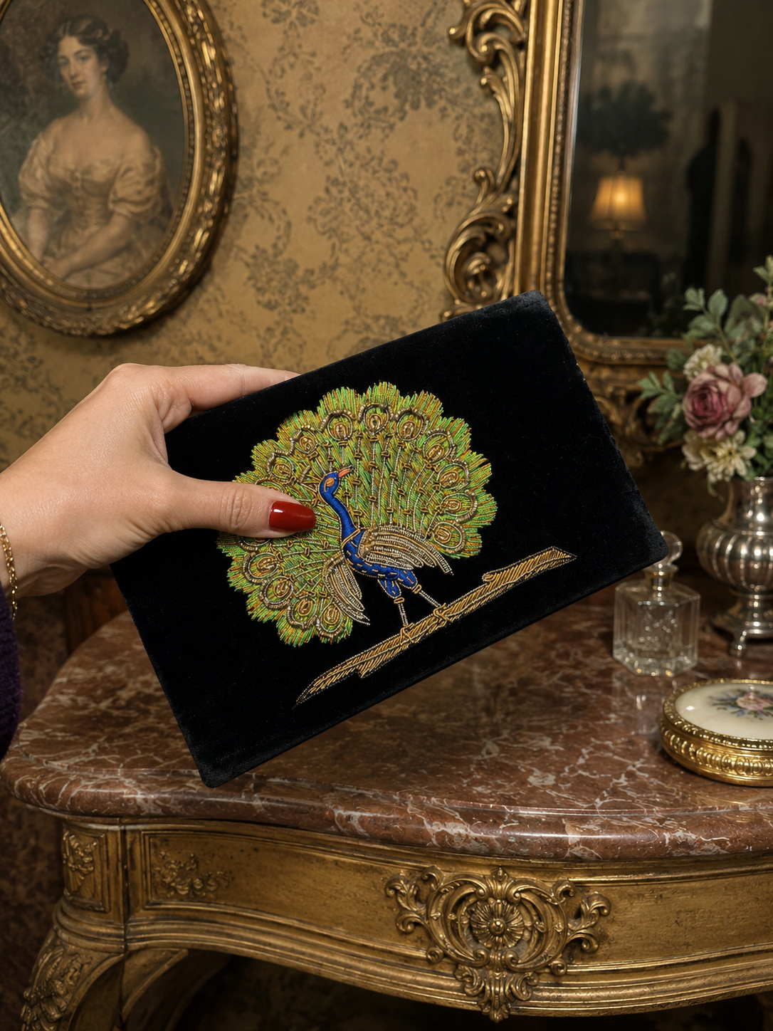 Pochette in velluto e raso nero con pavone policromo in canutiglia, 50s-60s