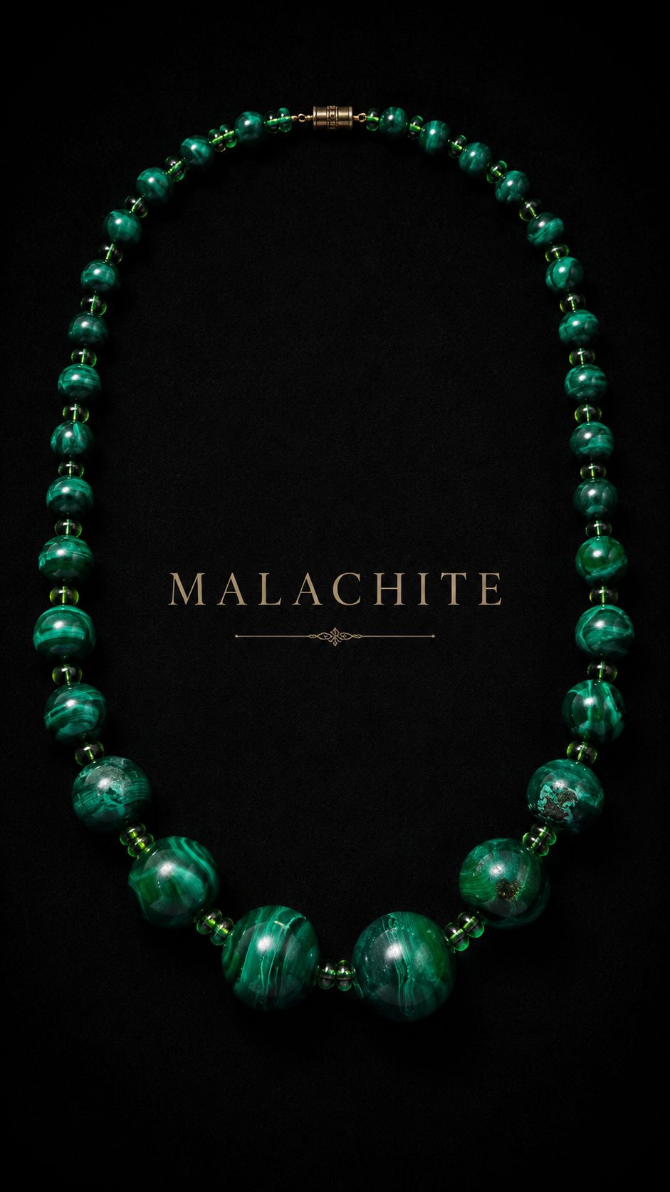 Collana collier in sfere di autentica malachite naturale degradé montate a mano con distanziatori in vetro, anni ‘50-‘60