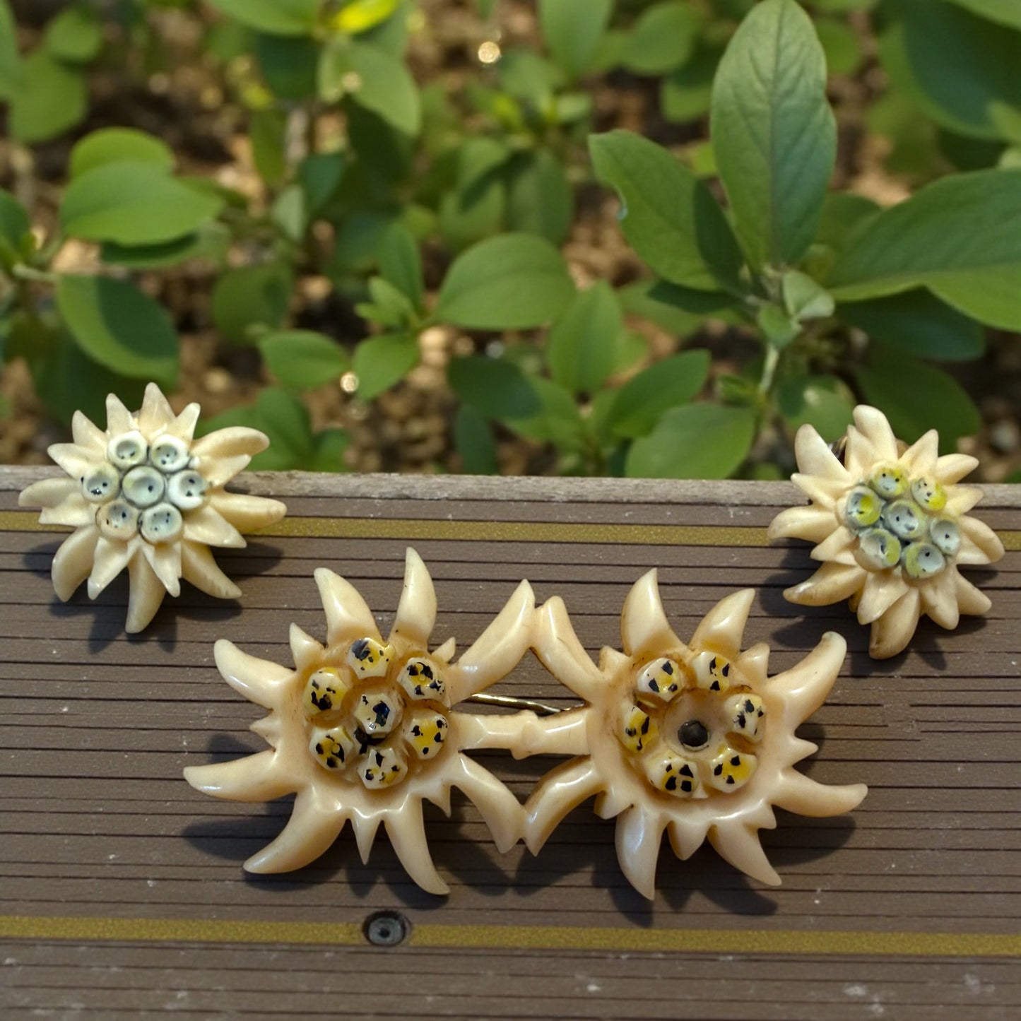 Parure spilla e orecchini clip in galalith stella alpina, 50s