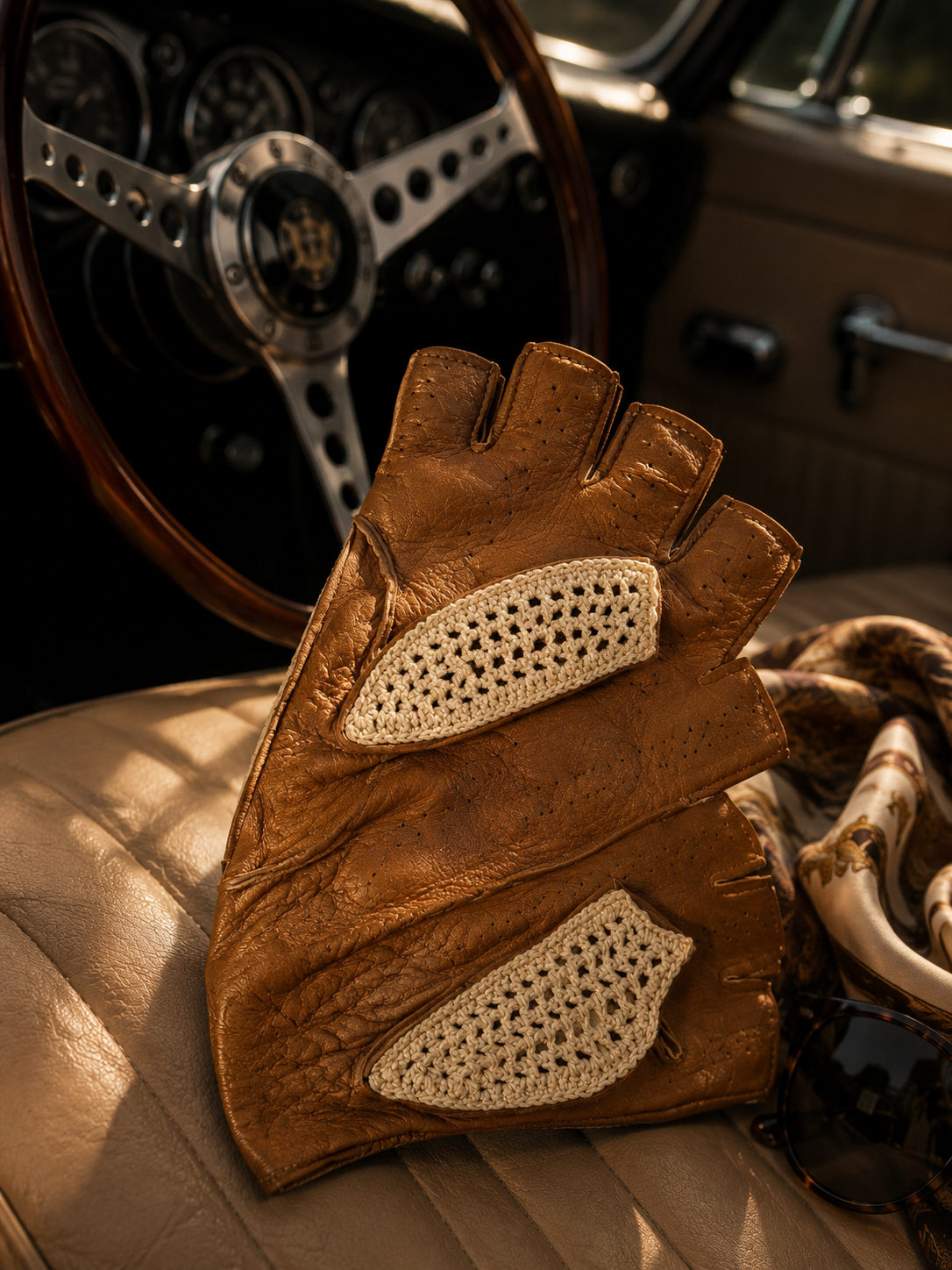 Guanti da guida anni ‘60 senza dita in pelle e crochet con calzata regolabile con velcro