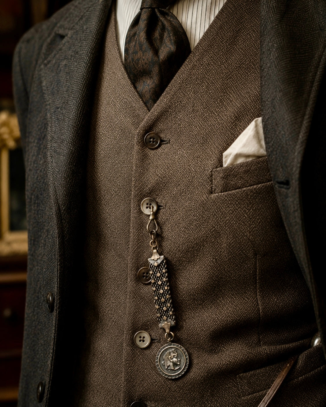 Albert chain da panciotto con maglia argentata e placchette dorate, breloque egittizzante, primissimo ‘900