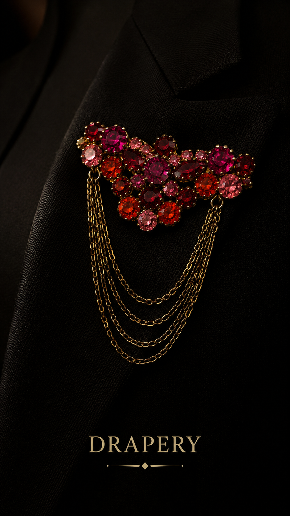 Drapery Brooch o spilla a festoni anni ‘40 con cristalli e catenelle pendenti