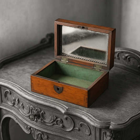 Cofanetto scatola porta gioie fine ‘800 con specchio e rivestimento in verde arsenicale