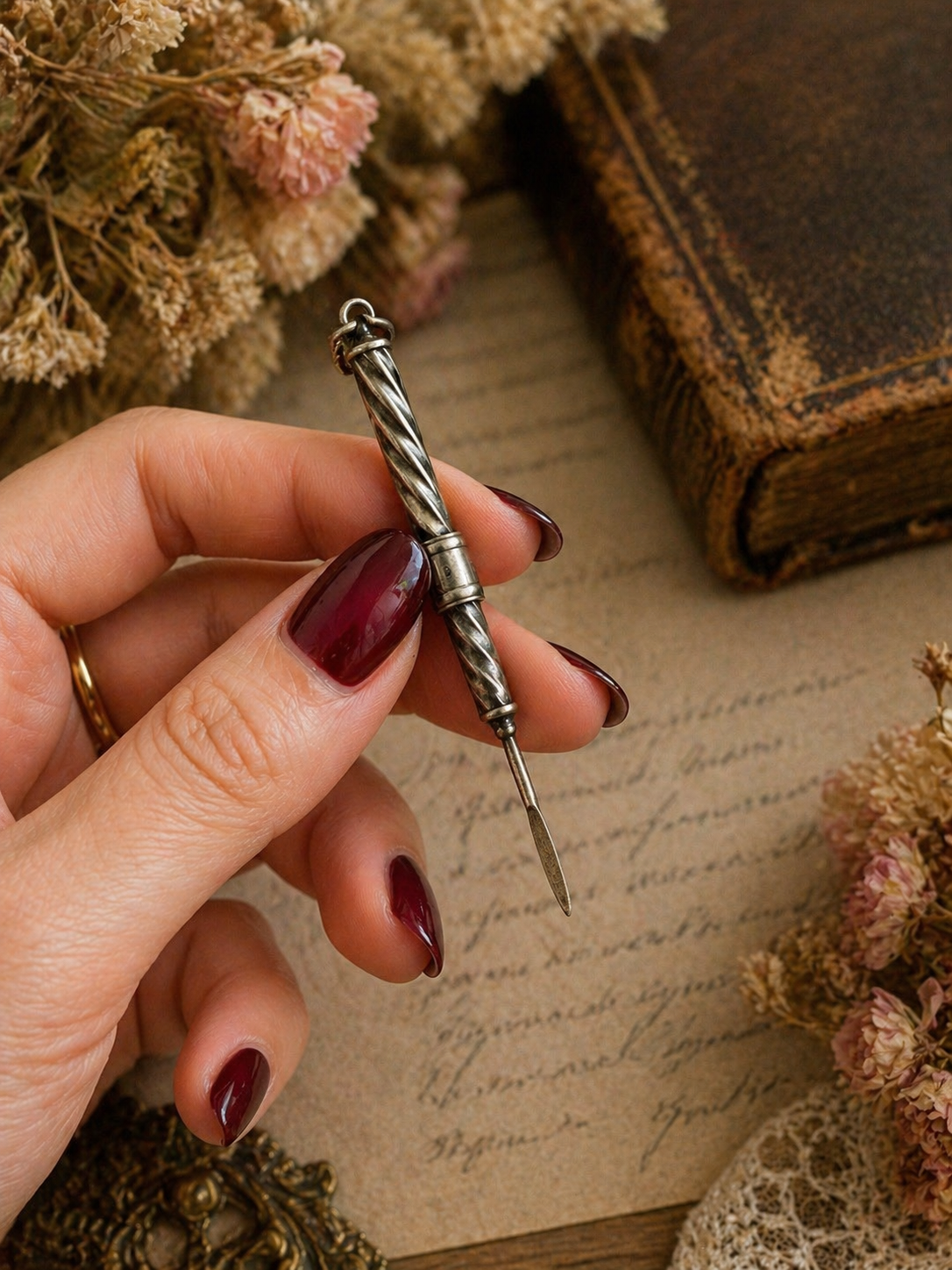 Cure-dents retrattile in argento massiccio vittoriano da Chatelaine