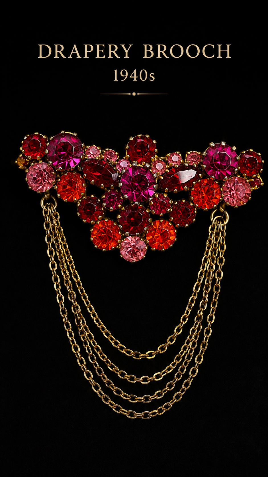 Drapery Brooch o spilla a festoni anni ‘40 con cristalli e catenelle pendenti