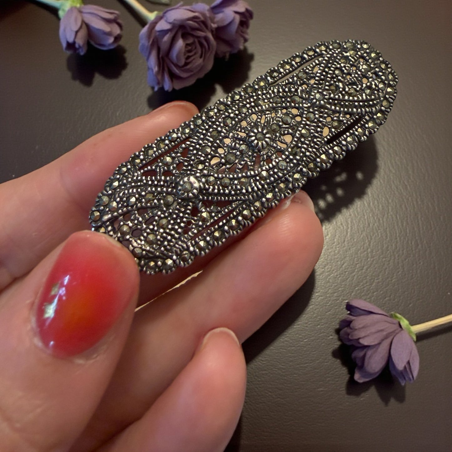 Spilla in argento 925 tempestata di marcasiti, anni ‘50 ca