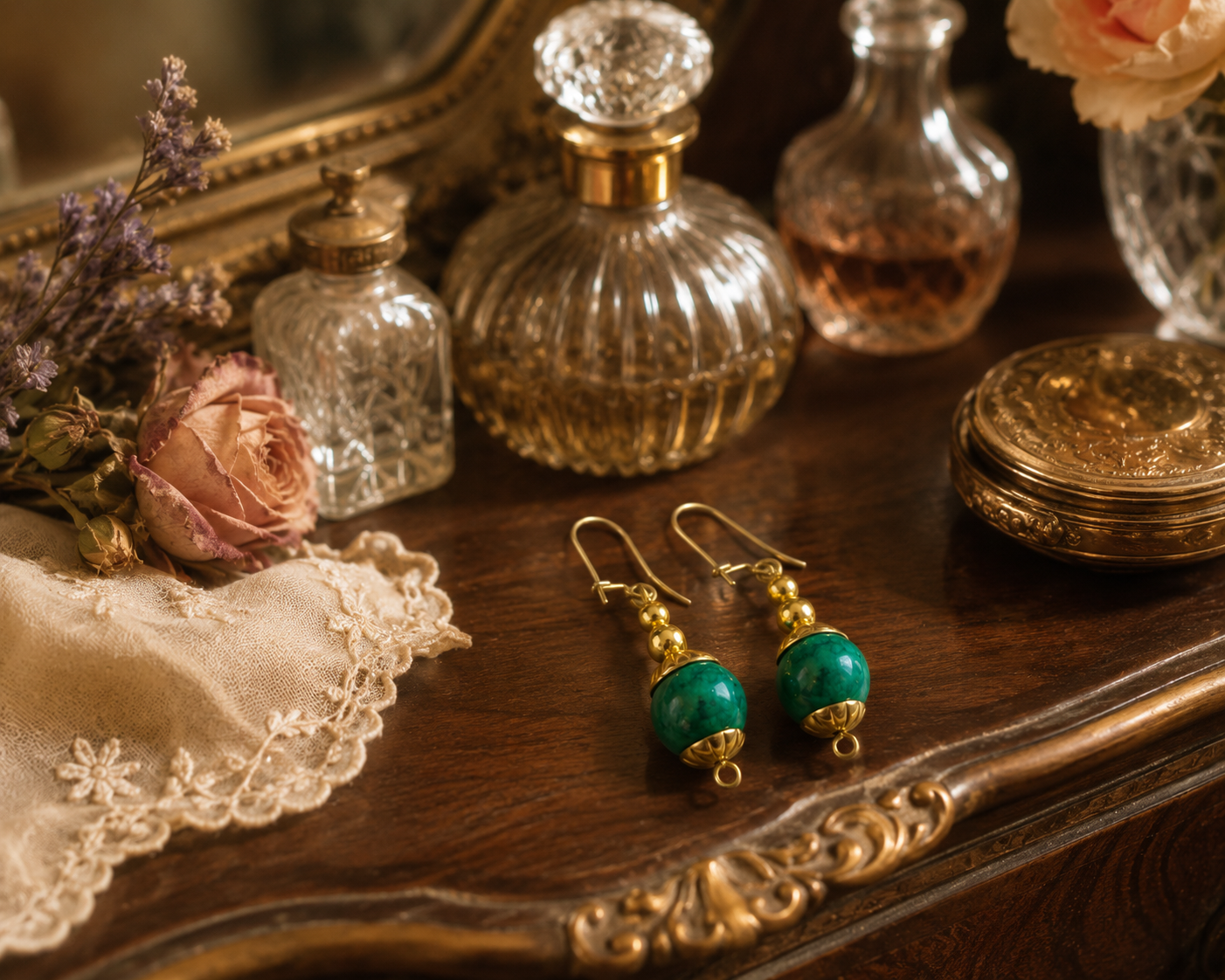 Orecchini in malachite e ottone bagno oro con monachina, anni 40-50