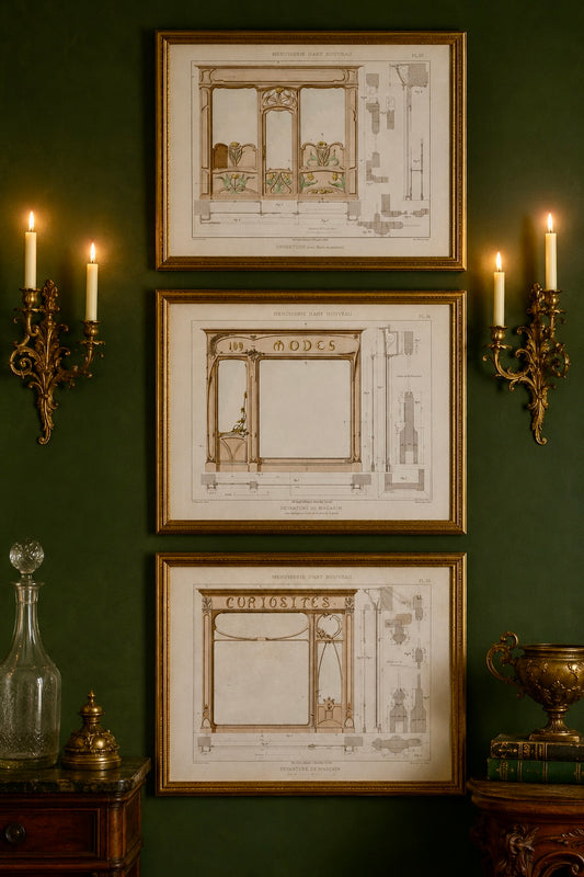 Lotto n.3 grandi tavole Architettura Art Nouveau d’epoca Menuiserie