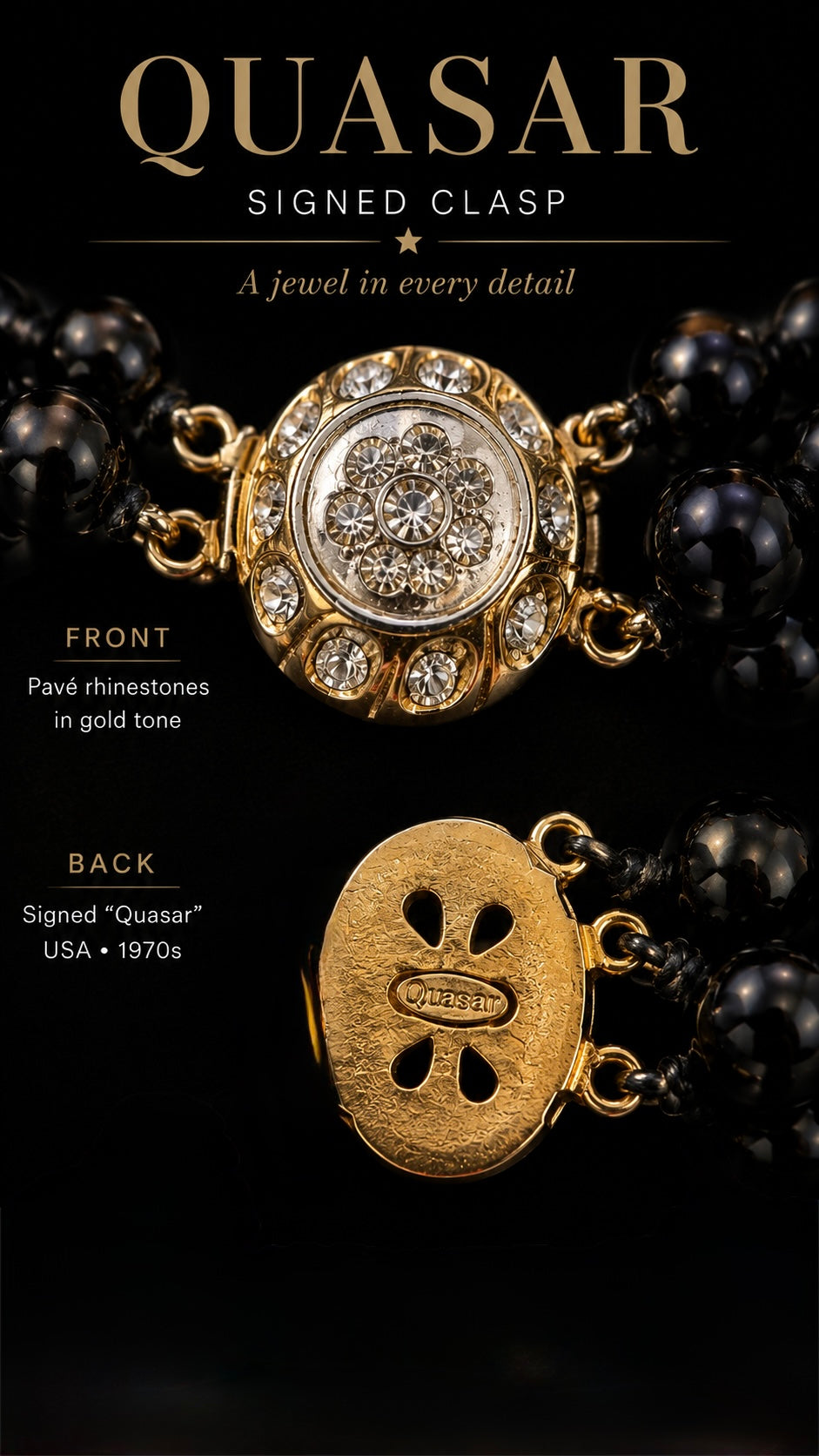 Collier a triplo filo in perle nere con grande pavé centrale e cabochon Quasar, USA anni ‘70