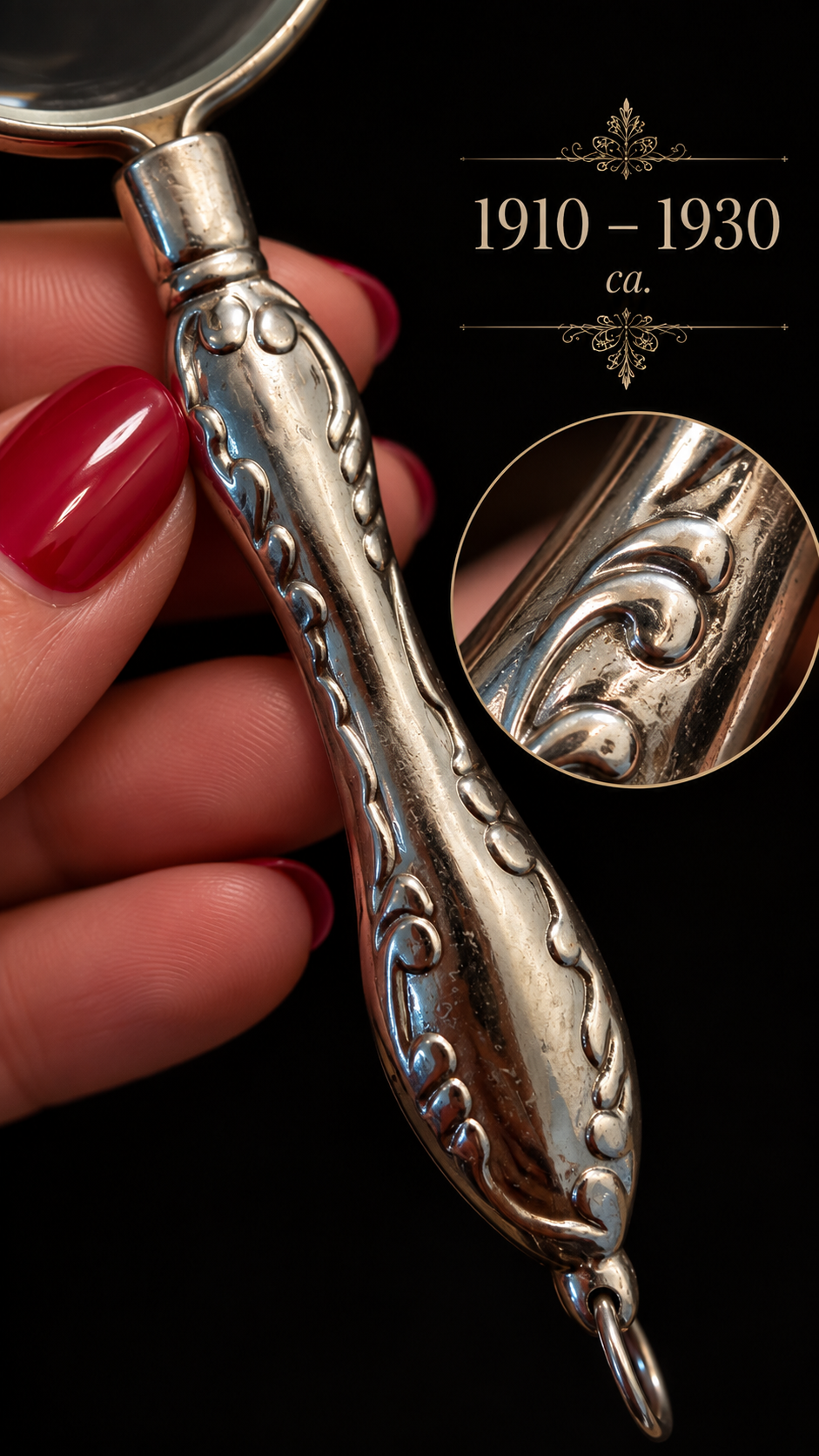 Lente gioiello da châtelaine o collana da ricamo, argentata, anni ‘40-‘50