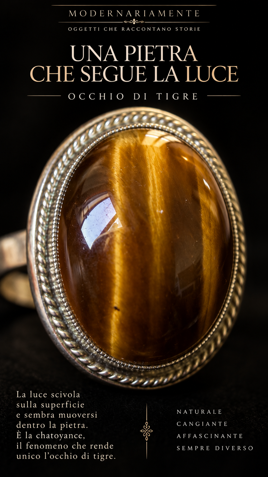 Anello argento con importante cabochon in occhio di tigre 70s e bella chatoyance