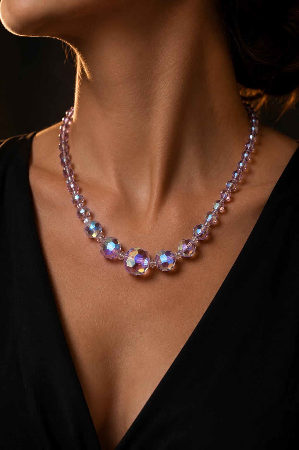 Collier perle sfaccettate Aurora Borealis con base rosa, degradé, fine anni ‘50 primi ‘60