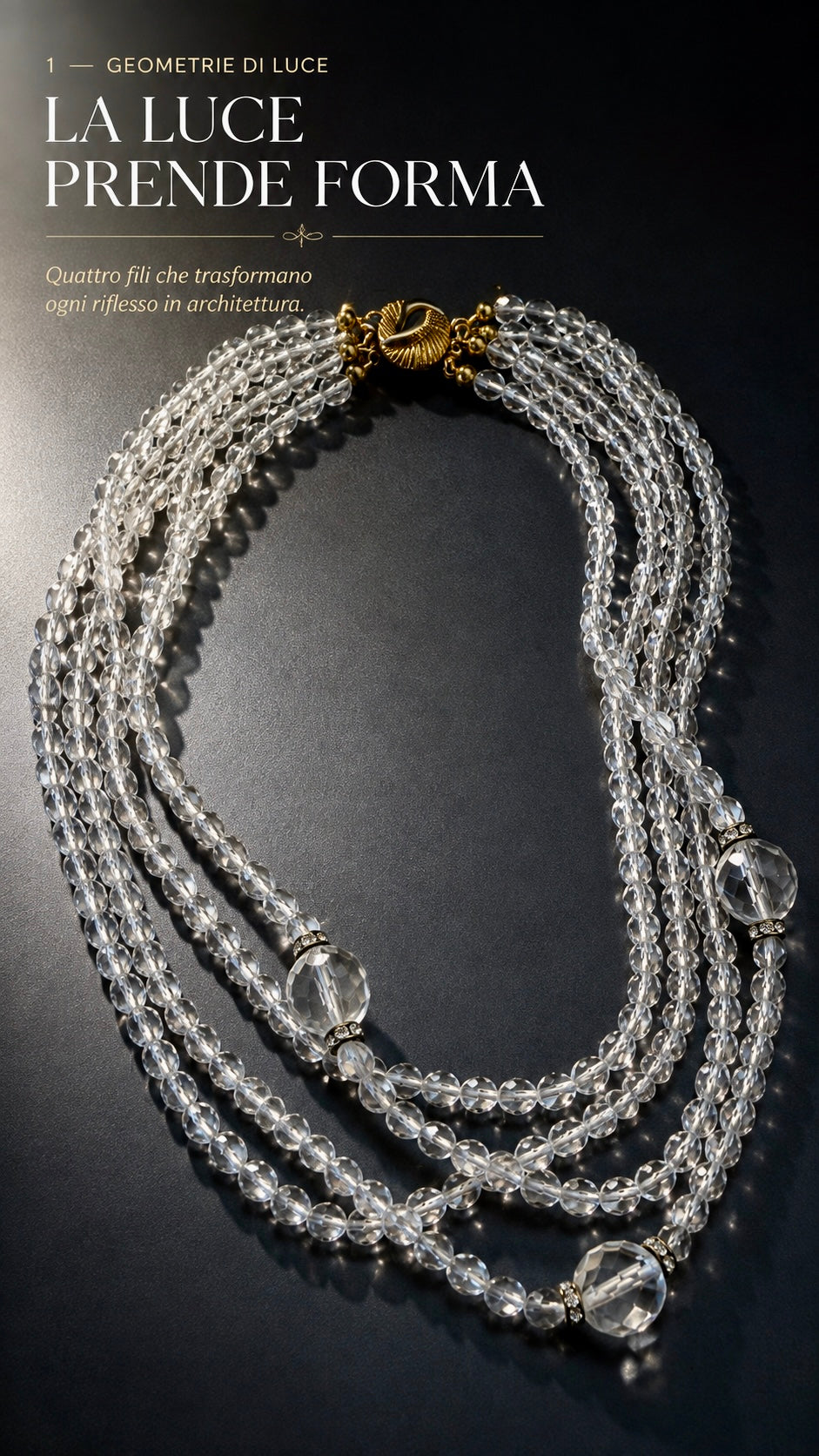 Collana sautoir multi filo con perle in vetro sfaccettato trasparente, fine ‘50s
