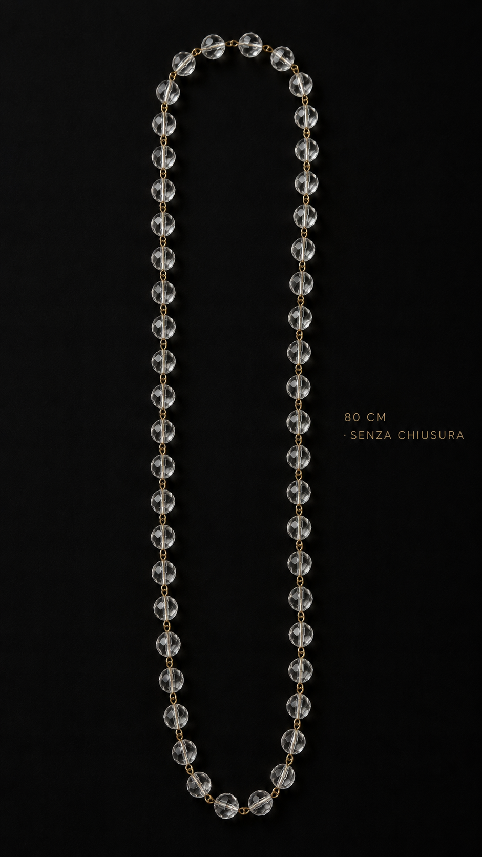 Collana 80 cm continua in perle di vetro sfaccettato montare su catenella dorata, fine 40s primi 50s