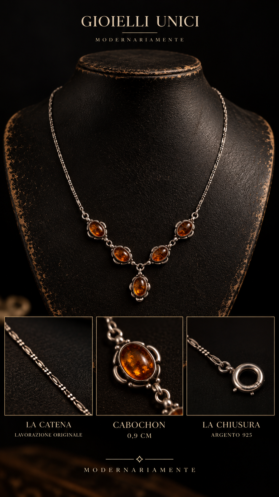 Collana girocollo in argento 925 con n. 5 piccoli cabochons in ambra