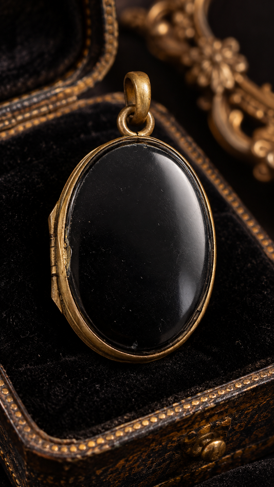 Mourning jewel vittoriano medaglione apribile bifacciale in French Jet