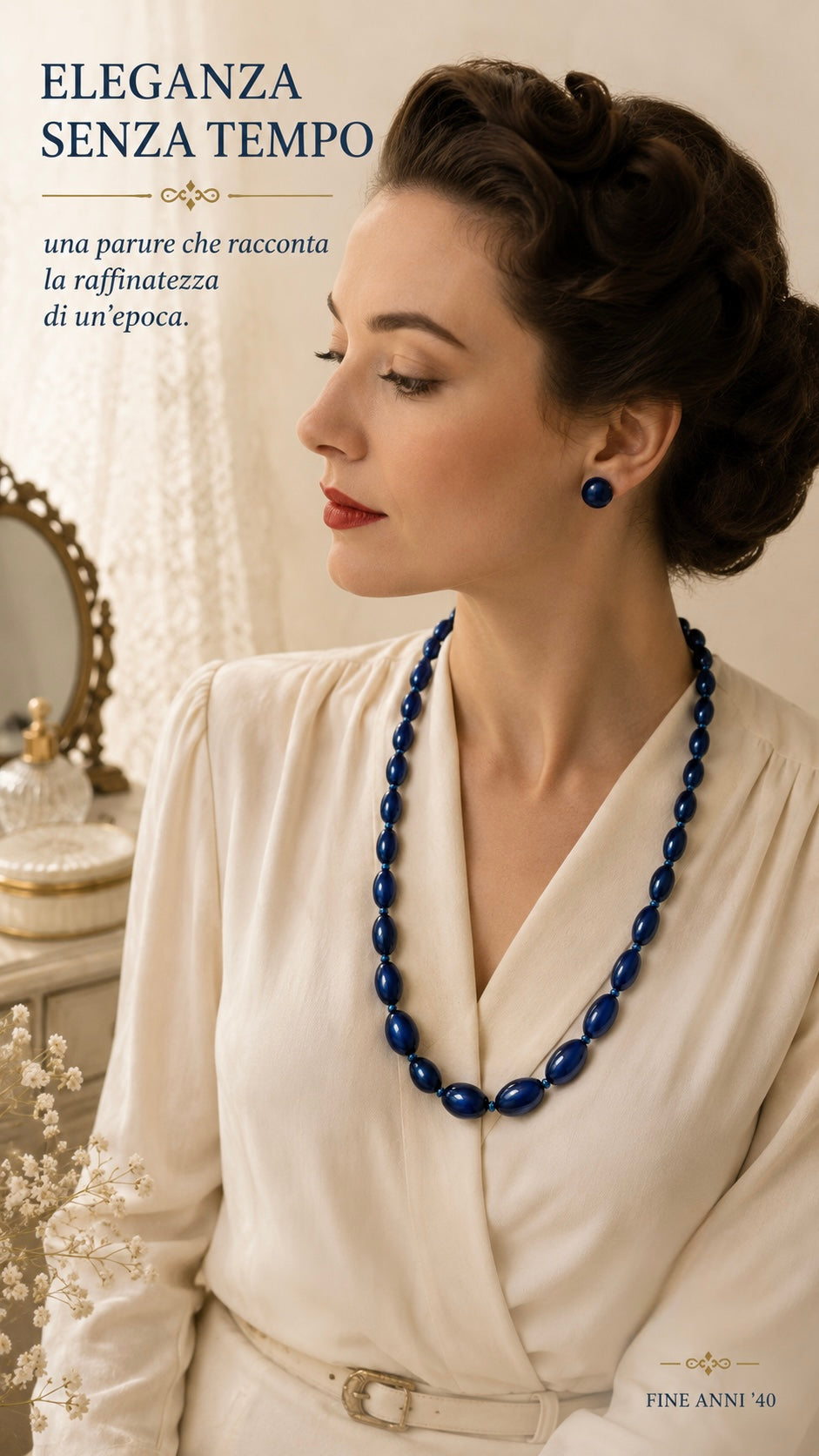 Splendida parure di fine anni ‘40 primi ‘50 in vetro pressato blu notte, collana in perle degradé ovalizzate e orecchini clip