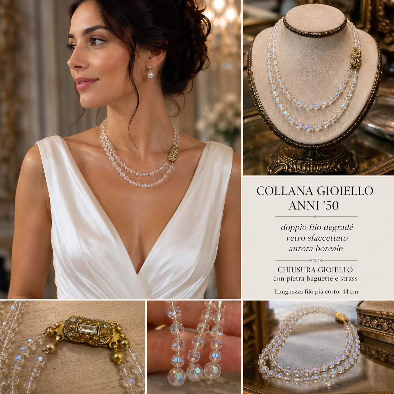 Collana anni ‘50 perle di vetro sfaccettato aurora borealis degradé a doppio filo