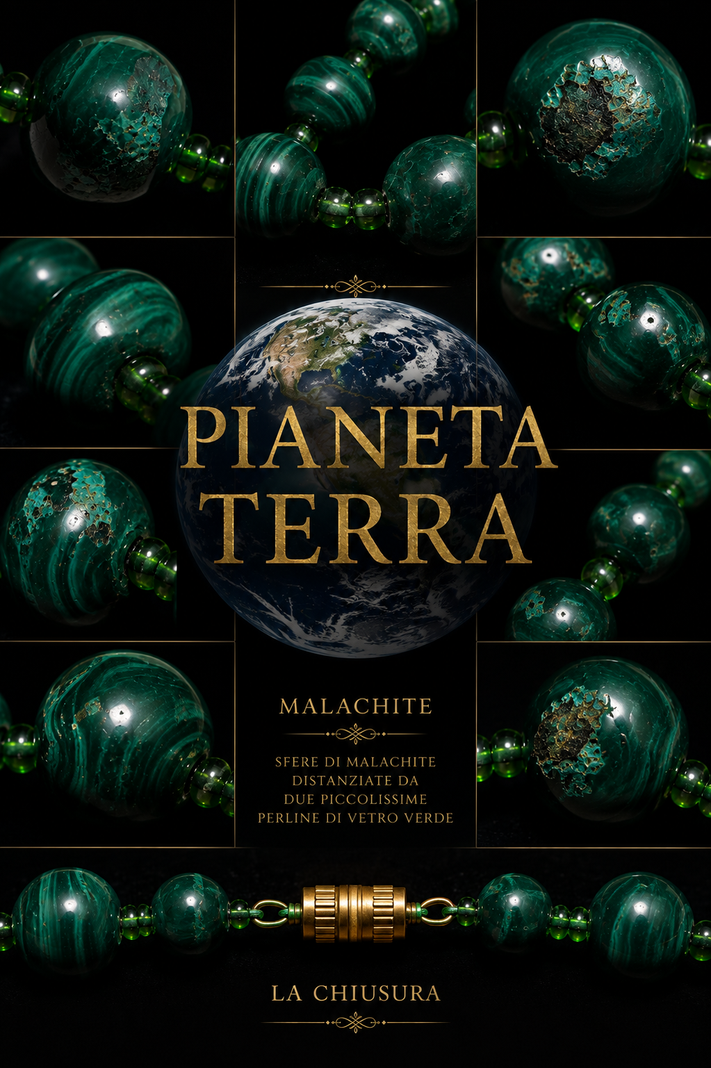Collana collier in sfere di autentica malachite naturale degradé montate a mano con distanziatori in vetro, anni ‘50-‘60