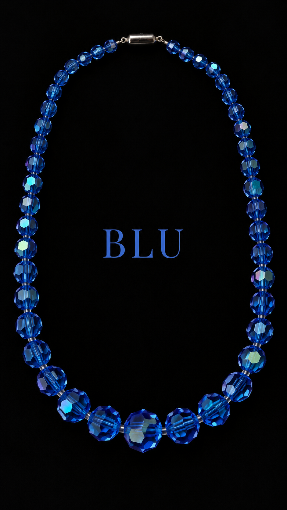 Collana degradé perle vetro sfaccettato finitura Aurora Borealis Blu con chiusura argento