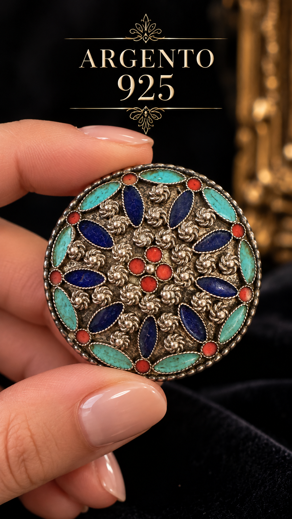 Spilla Amazigh berbera della Kabyle con smalti su argento