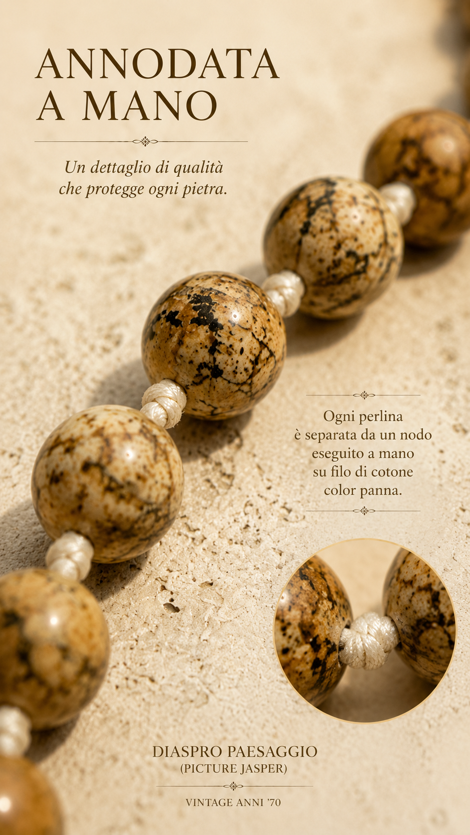 Collana in perle di Diaspro paesaggio / picture jasper con chiusura in argento 925 anni ‘70