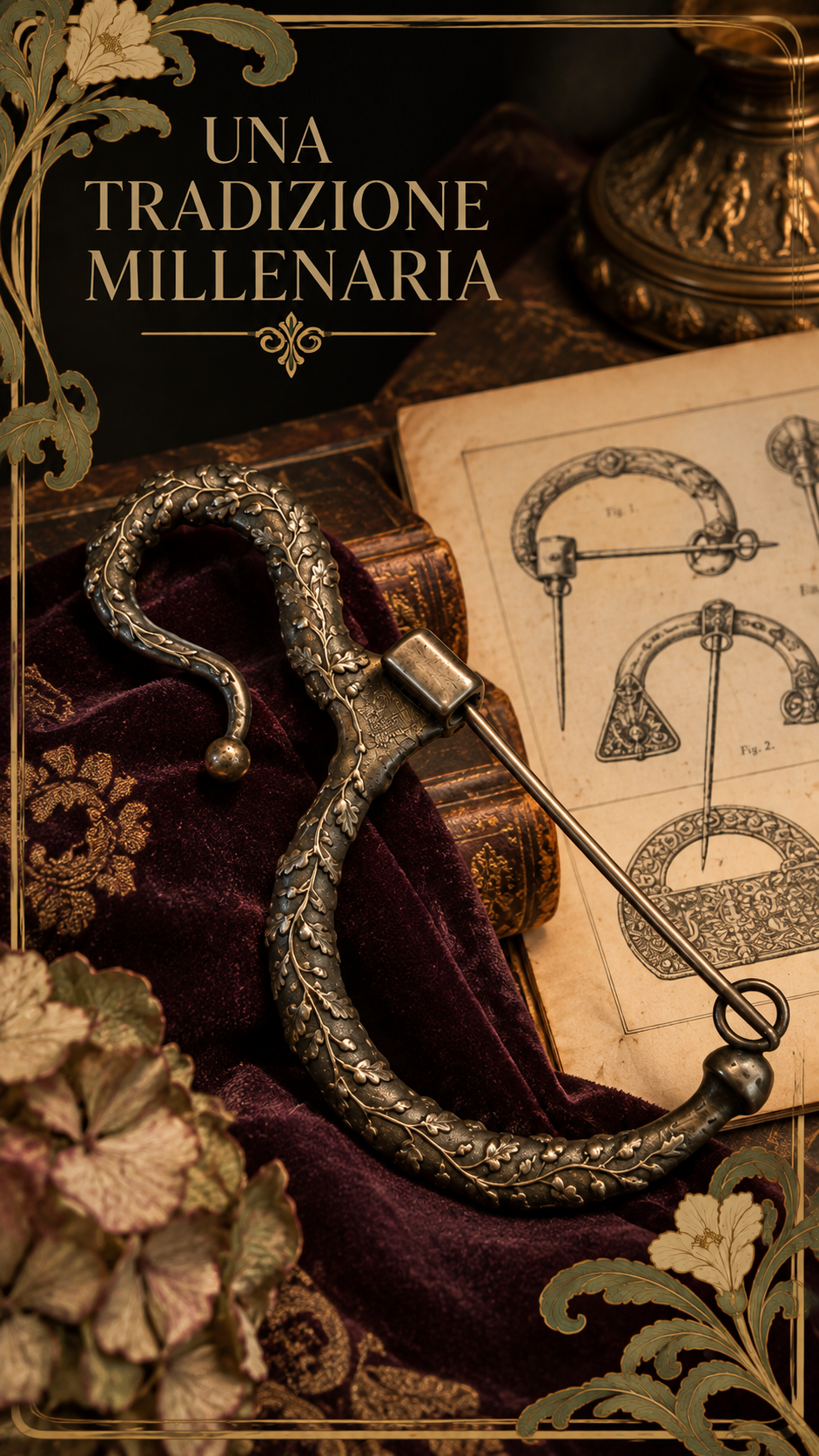 Grande fibula decorata con ghiande e foglie di quercia, 11 cm primi decenni del ‘900