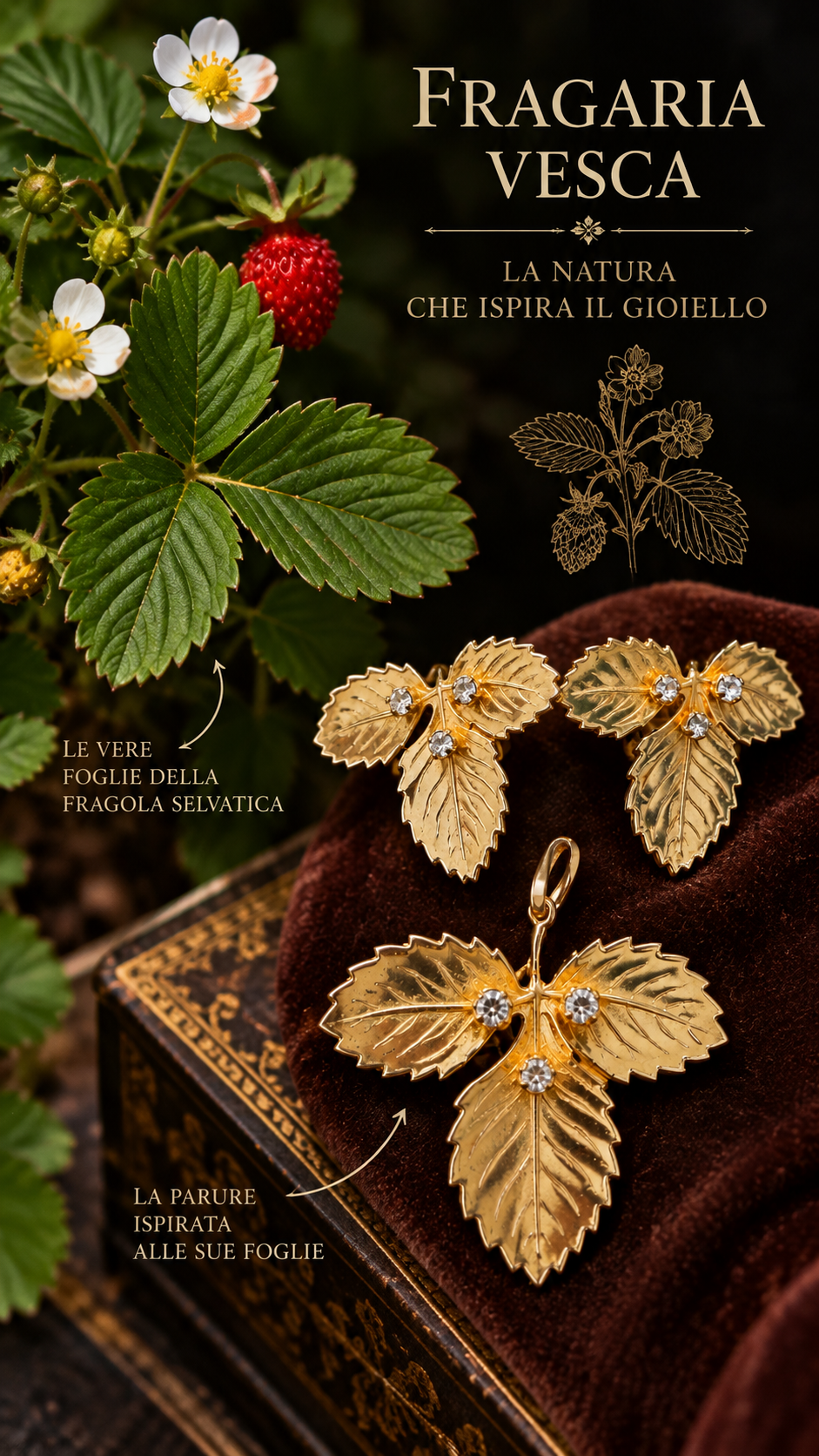 Parure gioiello vintage in metallo dorato e strass “Fragraria Vesca” orecchini clip e pendente