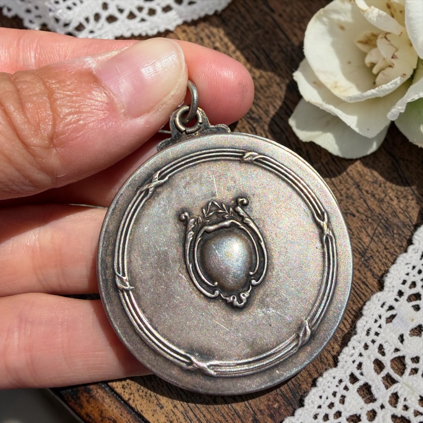 Pendente specchio scorrevole bifacciale da chatelaine Art Nouveau, fine ‘800