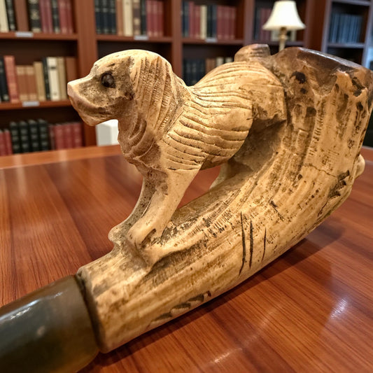 Antica pipa in schiuma di mare zoomorfa a guisa di cane, in custodia, fine ‘800