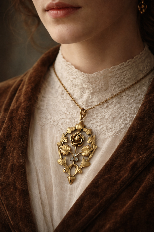 Pendente gioiello antico tardo ‘800 con rosa e vetri tagliati a brillante, prob princisbecco