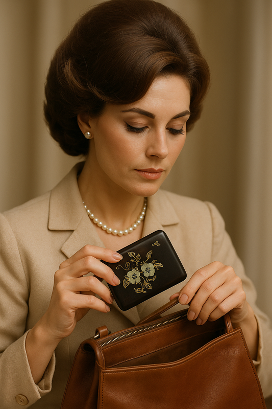 Delizioso scrigno da borsetta con specchio porta pettine, intarsi in madreperla