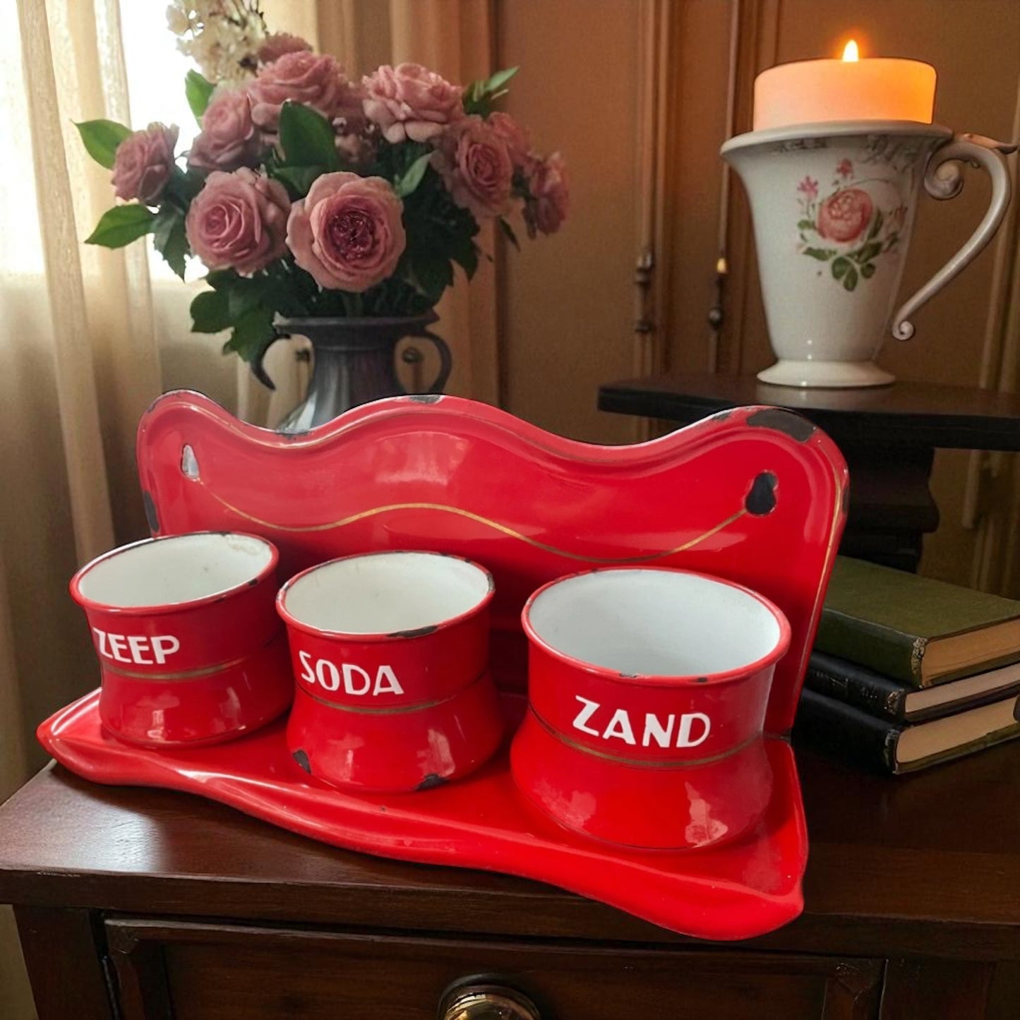 Set vasi smaltati con supporto da lavanderia, primo ‘900, olandesi