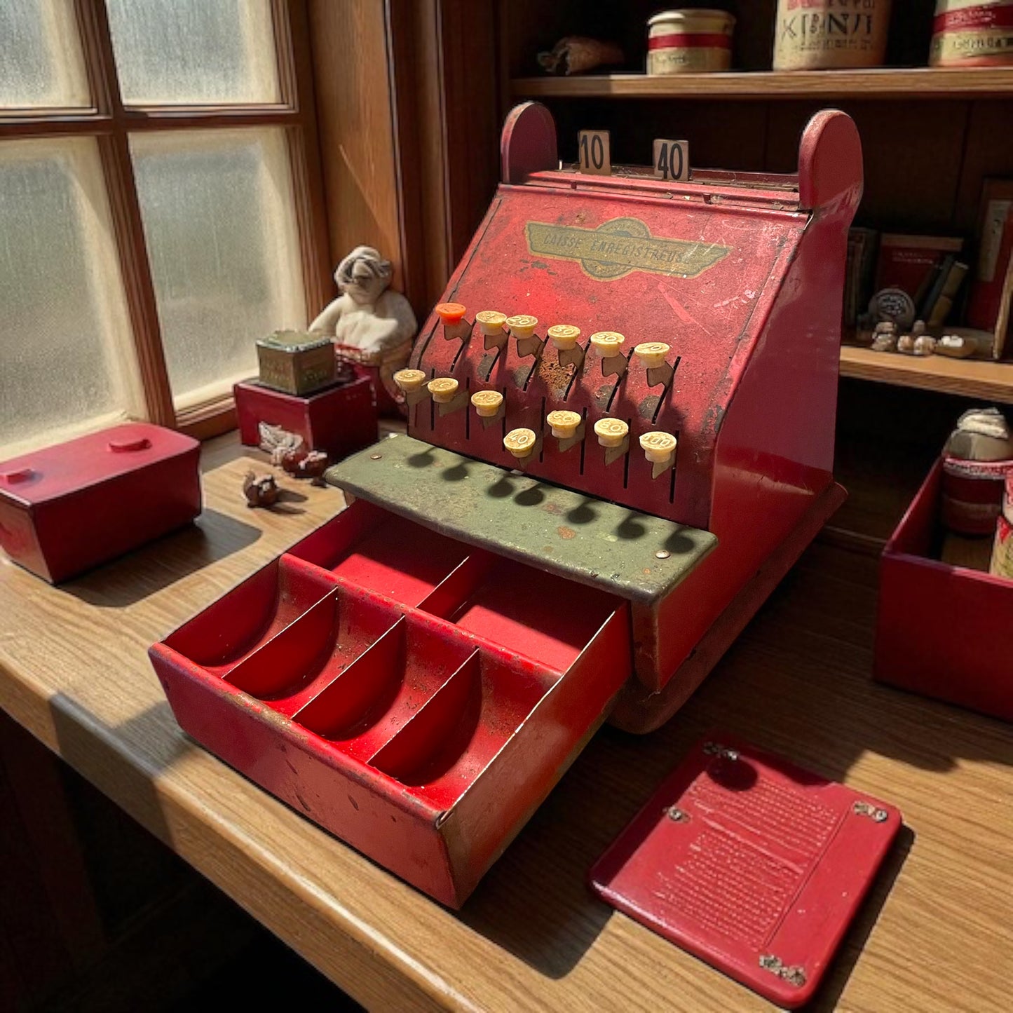 Antico registratore di cassa giocattolo metallo vintage, funzionante, anni ‘50