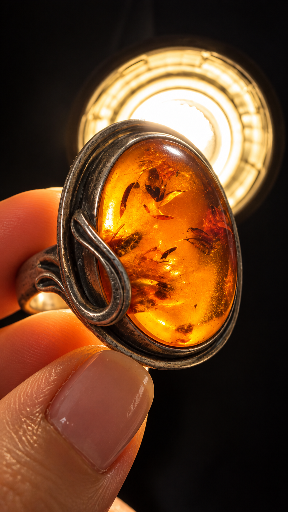 Anello in argento 925 con grande cabochon ambra liberty revival